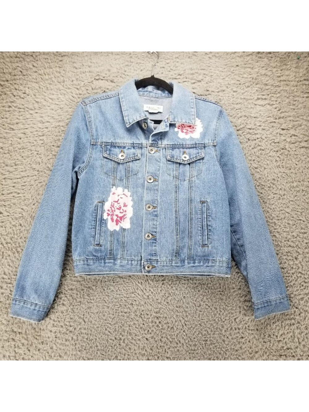Cavalina Jacket Womens Small Long Sleeve Floral Button Up Denim Jean Jacket